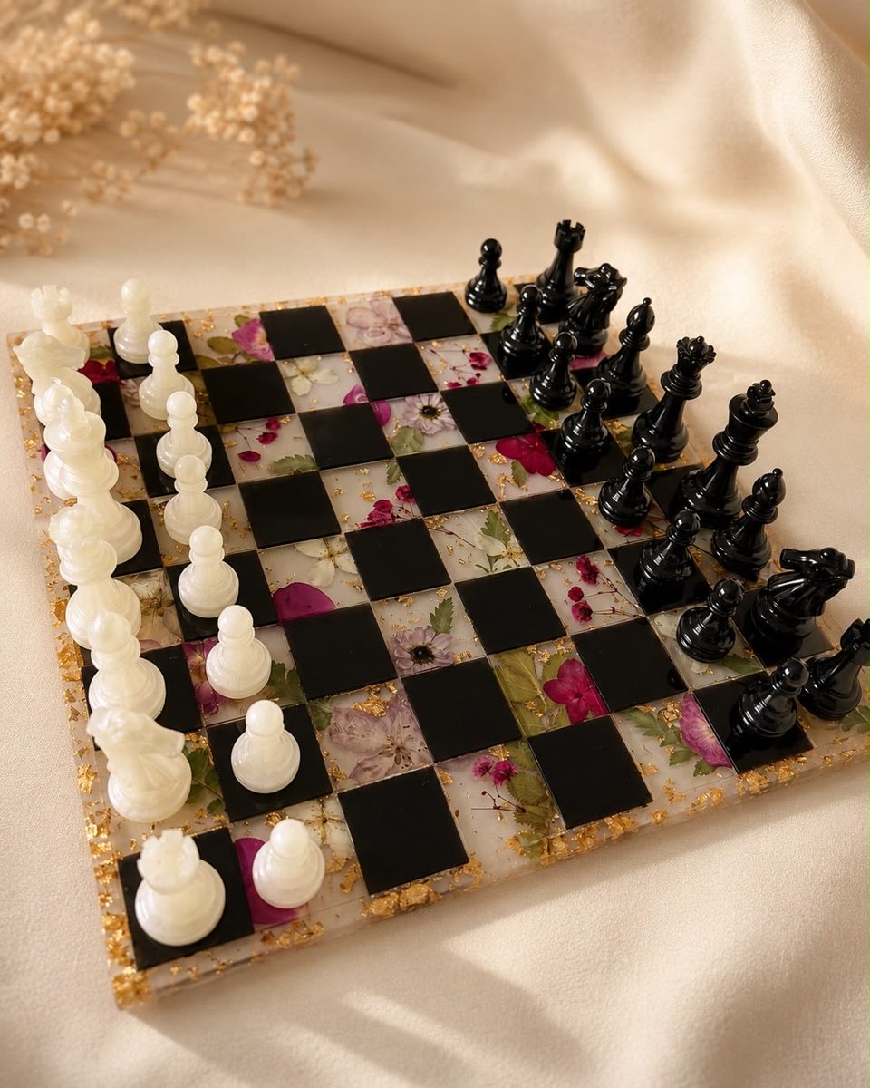 Floral resin chessboard styled on satin